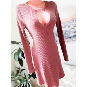 Whispers of Mauve Moonlight Ribbed Romance Cutout bodycon Sweater Mini Dress